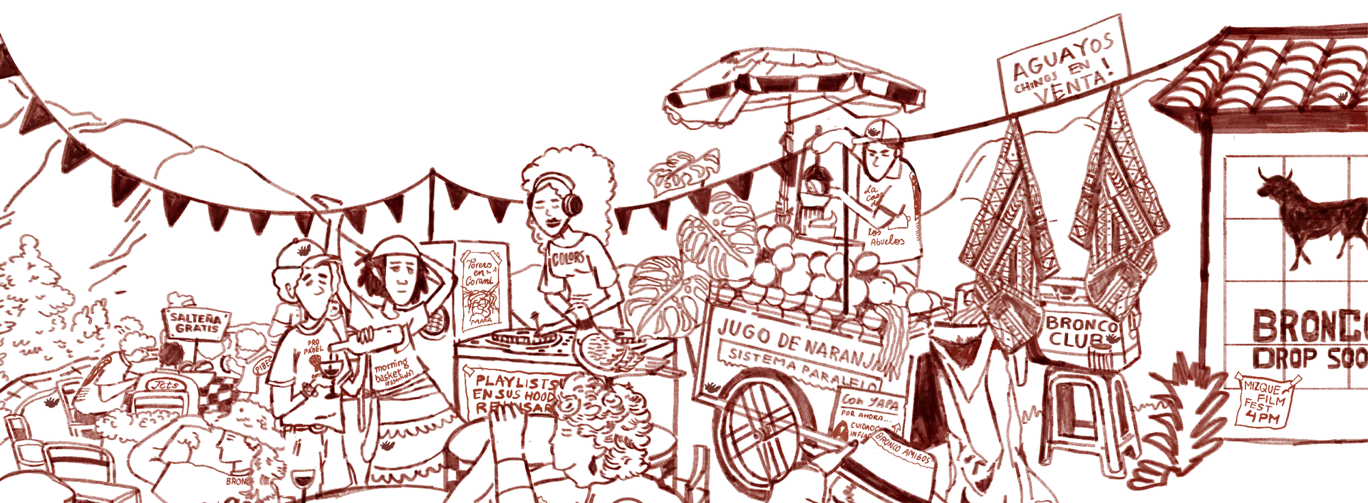 Ilustración original de una feria boliviana, de Bronco Amigos